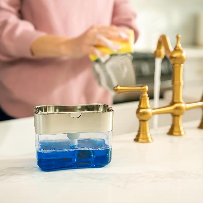 S&T INC. Dish Soap Dispenser and Sponge Holder for Kitchen Sink, Sponge Included, 13 Ounces, Metallic Silver