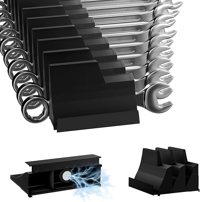 20-Piece Magnetic Wrench Organizer (Modular Widgets) - Professional Tool Box Drawer Storage with Strong Anti-Slide Magnets - Low Profile Spanner Rack Holder for SAE & Metric Sets, Black