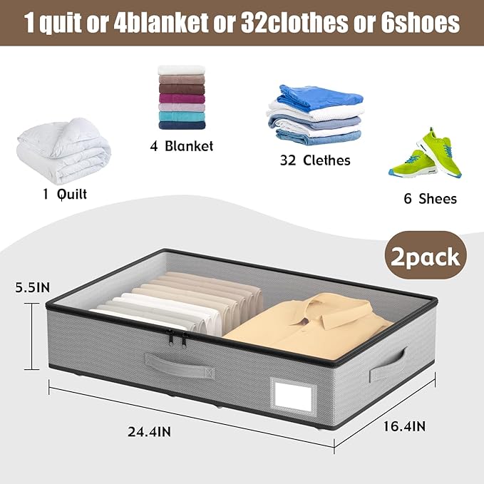 EE-RoomWorld Under Bed Storage with Wheels, No Assemble Required 5.5 inches height grey under bed storage bins,Low Profile Rolling Underbed Shoe Storage containers，dorm underbed storage drawers