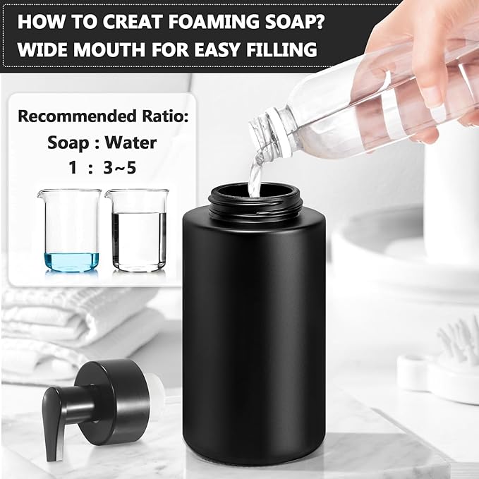 Matte Black Foaming Hand Soap Dispenser, 10 oz/300ml Glass Foam Dispenser, 2 Pcs Foaming Soap Dispenser for Bathroom, Black Refillable Pump with Waterproof Labels