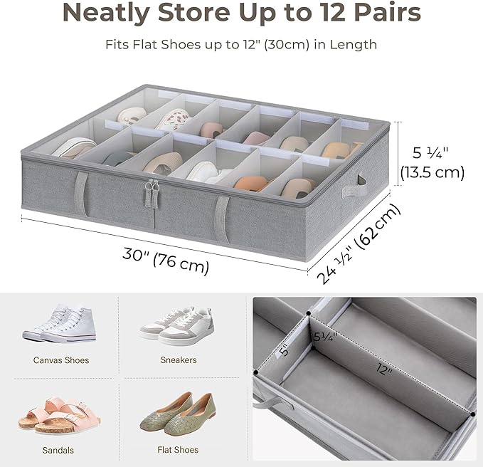 StorageWorks Shoe Organizer for Closet, Fits up to 24 Pairs, 2-Pack Ultra-thick Fabric Under Bed Shoe Storage Containers with Bottom Support and Adjustable Dividers, Grey
