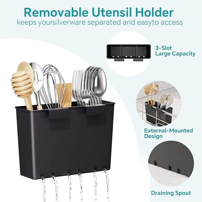 Simple Trending Expandable Dish Drying Rack in Sink, Adjustable Dish Drainers for Small Kitchen, Counter Inside Sink, Over The Sink with Utensil Holder