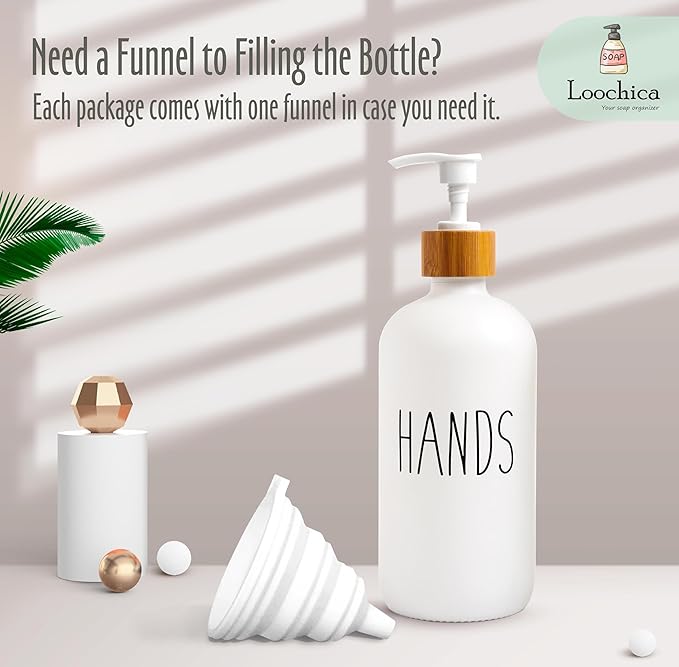 White Glass Soap Dispenser Bottle for Hands. Glass Soap Dispenser for Bathroom or Kitchen Sink Use