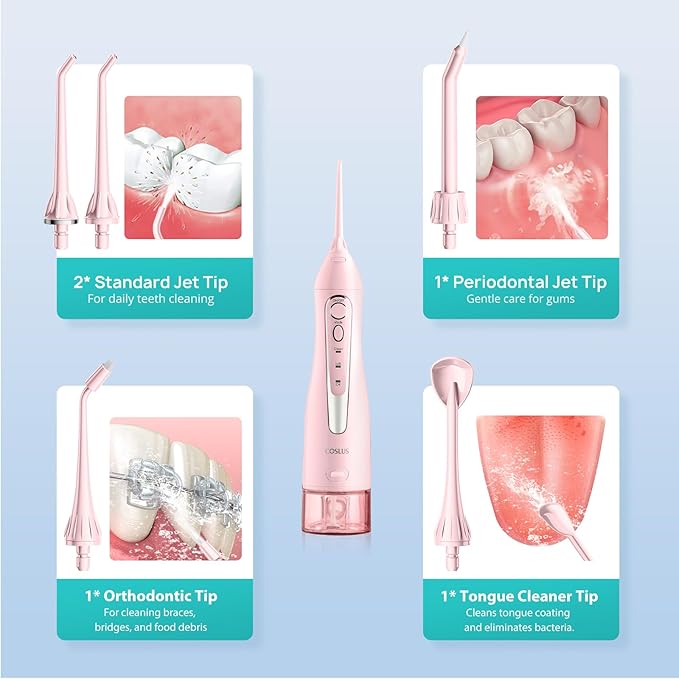 COSLUS Water Dental Flosser Teeth Pick C20(F5020E): Portable Cordless Oral Irrigator 300ML Rechargeable Travel Irrigation Cleaner IPX7 Waterproof Electric Flossing Machine for Teeth Cleaning, Pink