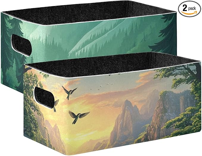 Mountain Forest Trees Green 02 Closet Storage Bins 2 Pcs Felt Open Home Storage Containers Organizer with Handles Collapsible Shelf Basket for Home Office Craft Room Classroom Fabric