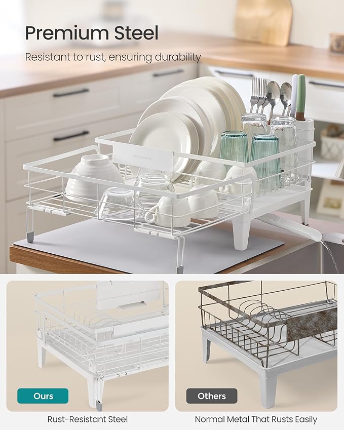 SONGMICS Dish Drying Rack, Kitchen Dish Rack with Drainboard, 360° Rotatable and Extendable Spout, with Cutlery Holder, (12.2-22) x 16.5 x 7.9 Inches, Matte White UKCS552W01