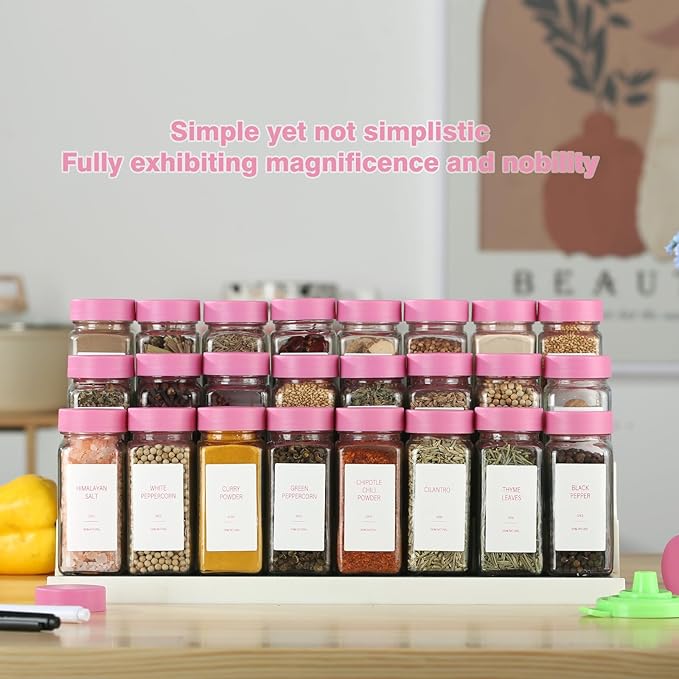 Pink Spice Jars with Label，4oz Seasoning Containers, Glass Spice Bottles with Shaker Lids,Funnel, Chalk Pen (Pink, 24)