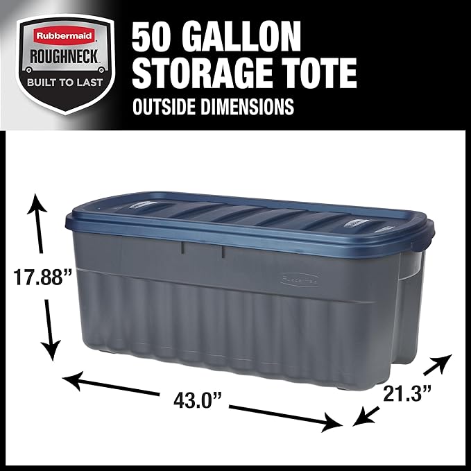 Rubbermaid Roughneck️ 50 Gallon Storage Totes, Durable, Stackable Storage Containers with Lids, Great for Home, Office, and Garage Organization, Grey Base and Dark Indigo Metallic Lid, Pack of 2, Grey and Dark Indigo Metallic, 50 Gal - 2 Pack