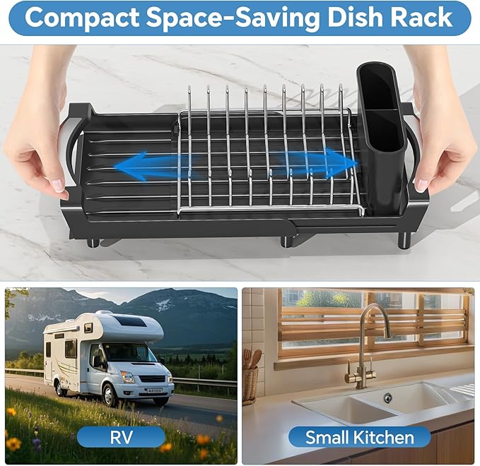 Simple Trending Small Dish Drying Rack, Compact Expandable Dish Rack with Cutlery Holder, Sink Dish Drainer for Kitchen Countertop, Black