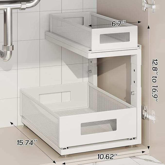Corbyles 2 Pack Under Sink Organizer With Next-Gen Ball-Bearing Slides,2-Tier Pull Out Cabinet Storage,Height Adjustable Drawer Shelf for Bathroom,Kitchen,Laundry,Cabinet,Pantry(Patent Pending)