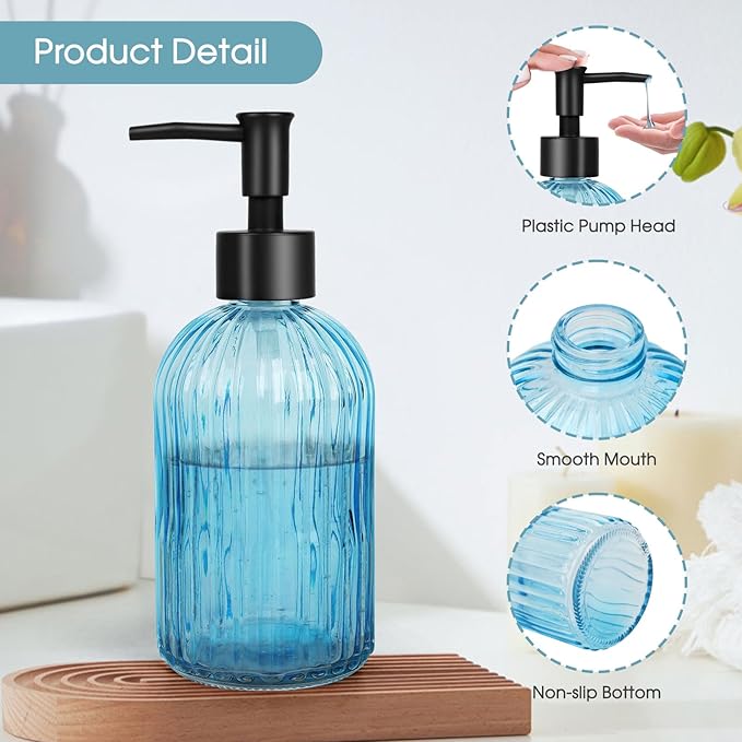 2 Pack Stripe Glass Soap Dispenser with Black Plastic Pump, 400ml Liquid Hand Soap Dispenser, Rustproof Pump for Kitchen & Bathroom, Great for Lotions, Essential Oil, Liquid Soaps- (Light Blue)