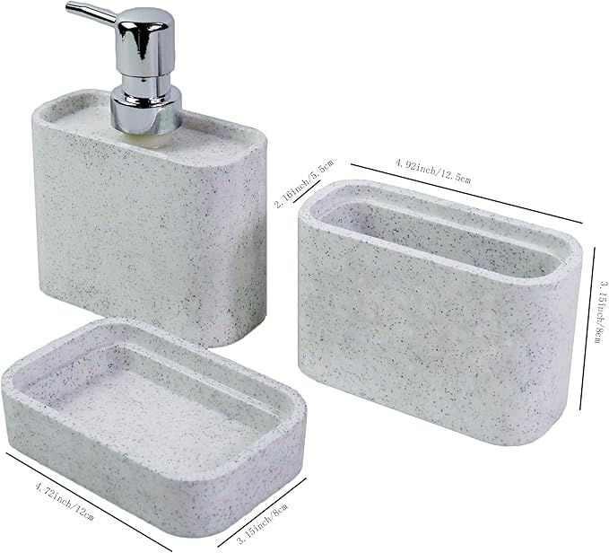 Hymmah Marble Pattern Bathroom Accessories Set, Toothbrush Holdr Set, 3 Pieces Resin Bathroom Set with Toothbrush Holder, Soap Dispenser, Soap Dish,Tumbler(Grey)