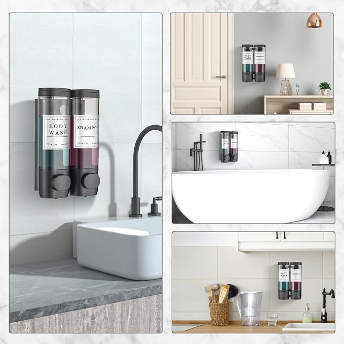 Shower Soap Dispenser Wall Mounted No Drill Shampoo Dispenser for Shower Wall Shampoo and Conditioner Dispenser Bathroom Hotel 2 * 300ml Black with Waterproof Labels