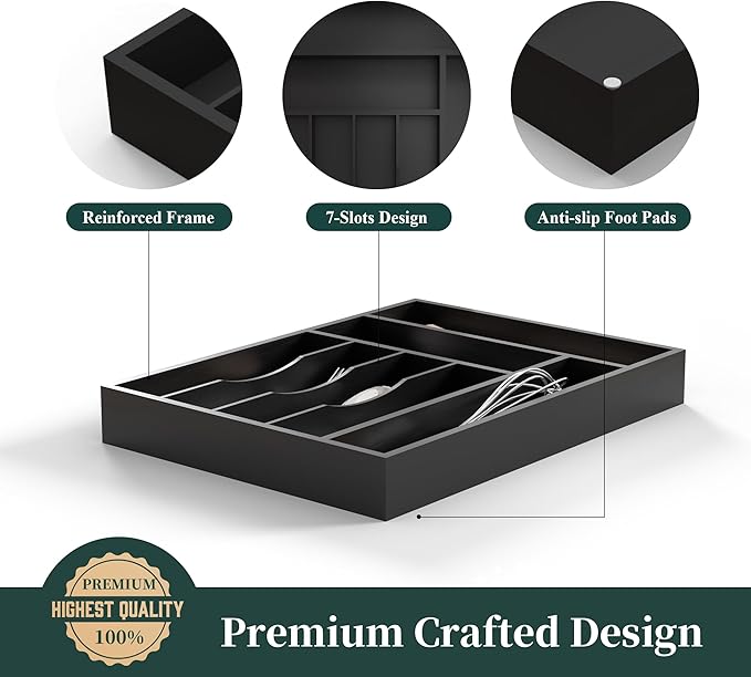 Bamboo Silverware Organizer, Kitchen Drawer Organizer, Utensil Holder, Cutlery Tray & Spoon Flatware Storage with Grooved Drawer Dividers (7 Slots, Black)