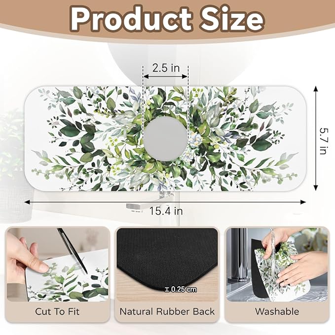 Sink Faucet Absorbing Mat, Spring ﻿Fresh Green Leaf Kitchen Faucet Mat, Sink Splash Guard, for Bathroom Kitchen Sink Splash Guard Drying Mat 15.4"x5.7"