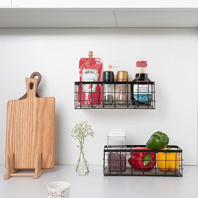 ROSE BLOOM Small Metal Wire Storage Basket, Decorative Wood Base Organizer Bins for Bathroom, Kitchen, Laundry Room, Pantry, Basket for Toilet Paper, Fruits, Spices (2 Pack)