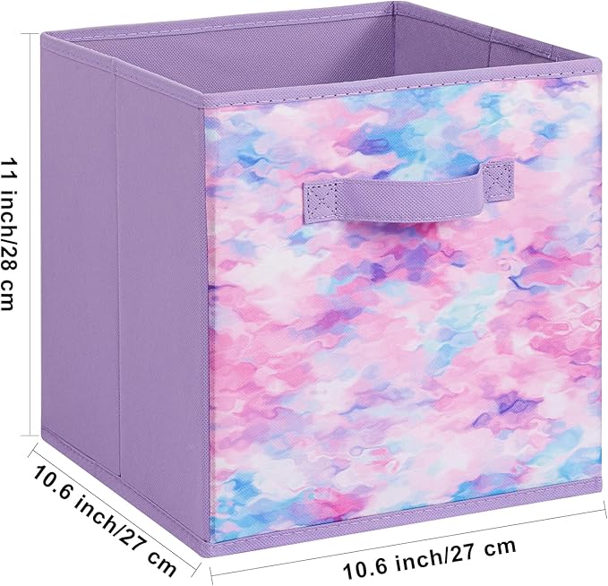 Stero Fabric Storage Cubes, 6 Pack Foldable Storage Bins Baskets with Handle, 11 Inch Box for Shelves, Closet, Organizer, Tie-dye Purple