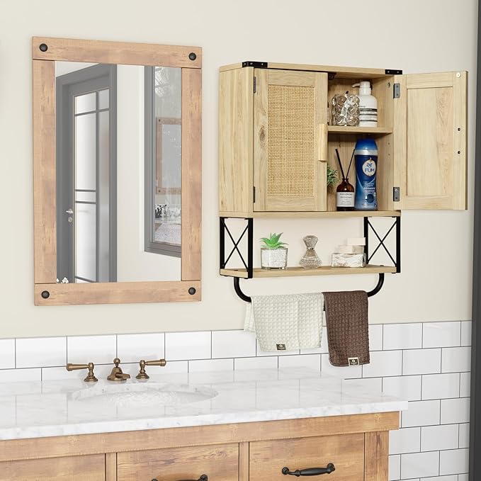 RUSTOWN Farmhouse Medicine Cabinet with 2 Barn Door, Boho Wood Wall Mounted Storage Cabinet with Adjustable Shelf and Towel Bar, 3-Tier Bathroom Cabinet for Bathroom(Rattan,Medium)
