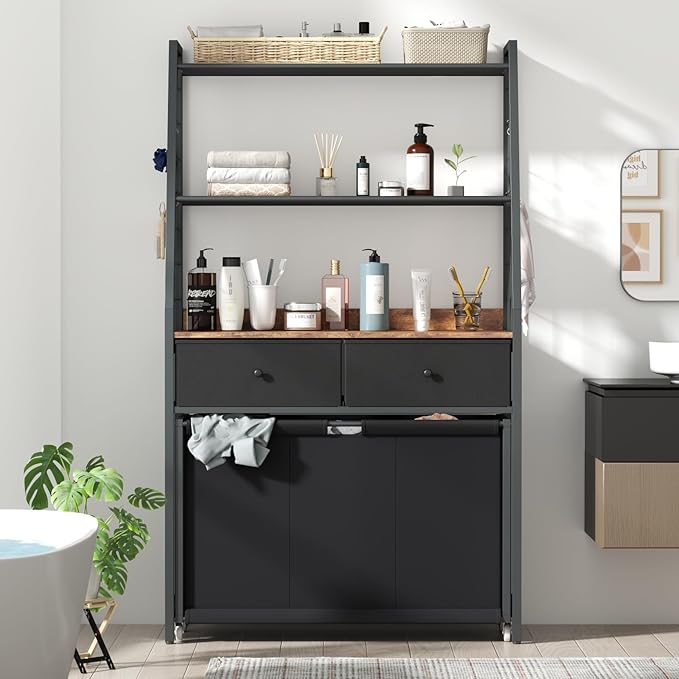 Laundry Hamper Laundry Basket with 3 Section Pull-Out Rolling Bags & 2-Tier Storage Shelf, Laundry Sorter for Organization and Storage with 2 Drawers for Laundry Room, Bathroom