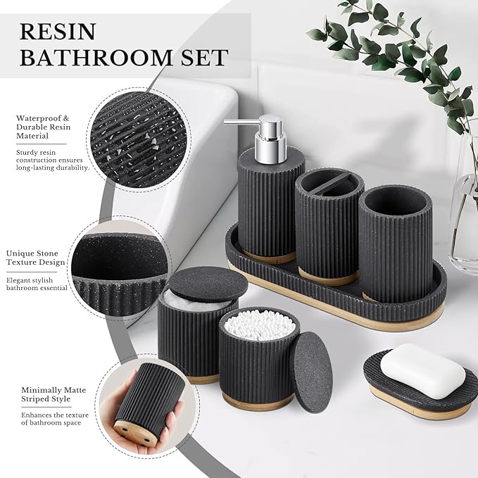 7PCS Bathroom Accessories Set, with Soap Dispenser, Q-tip Holder, Toothbrush Holder, Tumbler, Soap Dish, Vanity Tray, Complete Bathroom Accessory Set Organizer Countertop for Modern Home Decor, Black