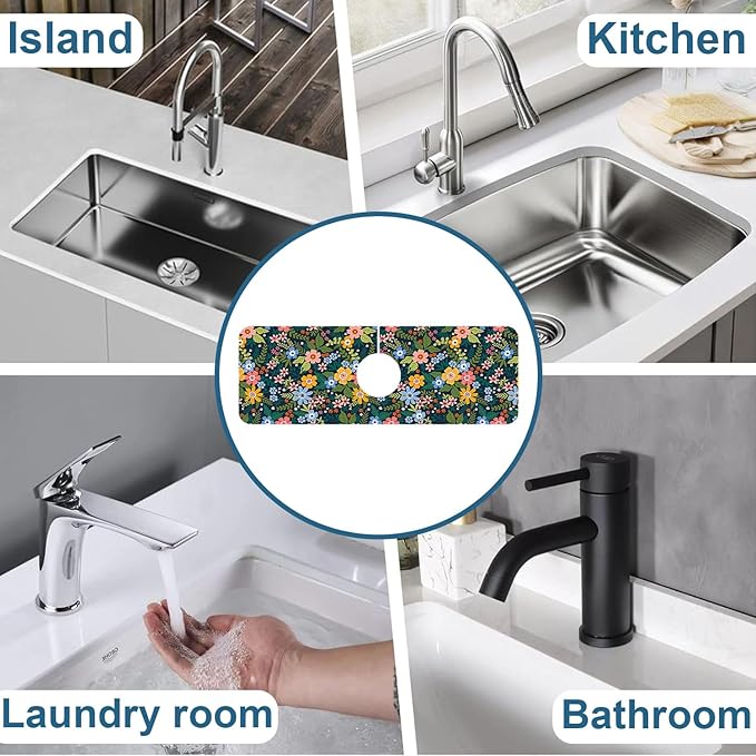 Colorful Flower Sink Splash Guard Faucet Mat Flowers Leaves Super Absorbent Fast Drying Mat Sink Gadgets-Splash Guard Behind Faucet Drip Catcher for Kitchen Bathroom, 15.5"x5.5"