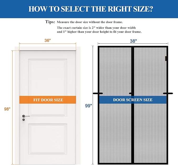 Magnetic Screen Door, Fits 36'' x 98'' Door, Scratch-Proof Polyester, Keep Annoying Creatures Out, Pet Friendly Mesh, Easy Install, Self-Sealing, with Keep Open Straps if Don't Need Close, Black