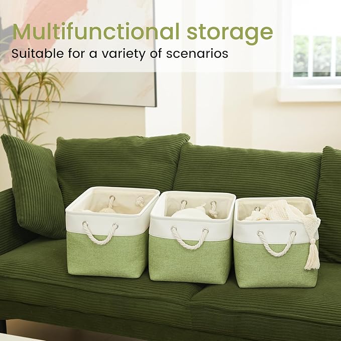 Large Storage Baskets- 15x11x10 inch Storage Bins for Shelves and Closet Organizing, Foldable Fabric Bin for Home Organization Clothes and Laundry (1-Pack, White&Green)