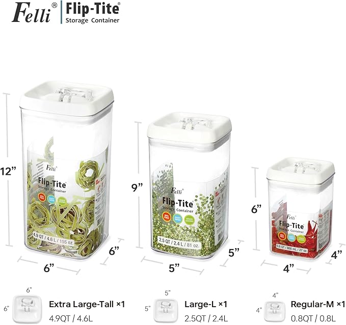 Felli Flip Tite Airtight Storange Container for Pantry Kitchen (6" XL Nest-L 3pk)