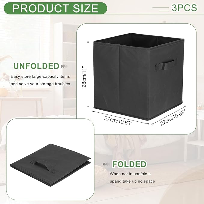 uxcell 3Pcs Fabric Storage Bins, 11 Inch Cube Storage Bin Foldable Storage Cube Organizer Bins with Handles for Shelf Closet, Nursery Home, Bedroom(Black)