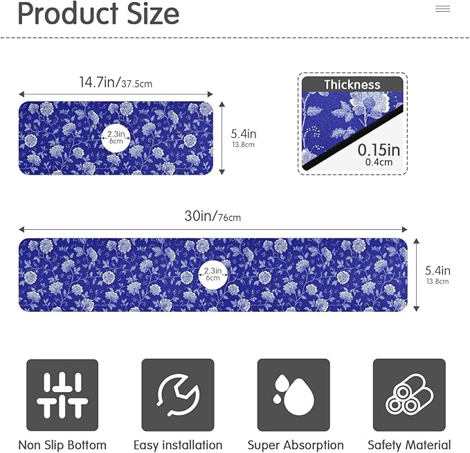 Blue and White Leaf Flower with Borders Kitchen Sink Splash Guard Sink Faucet Mat Faucet Handle Drip Catcher Drain Mats for Kitchen Bathroom Countertop Absorbent