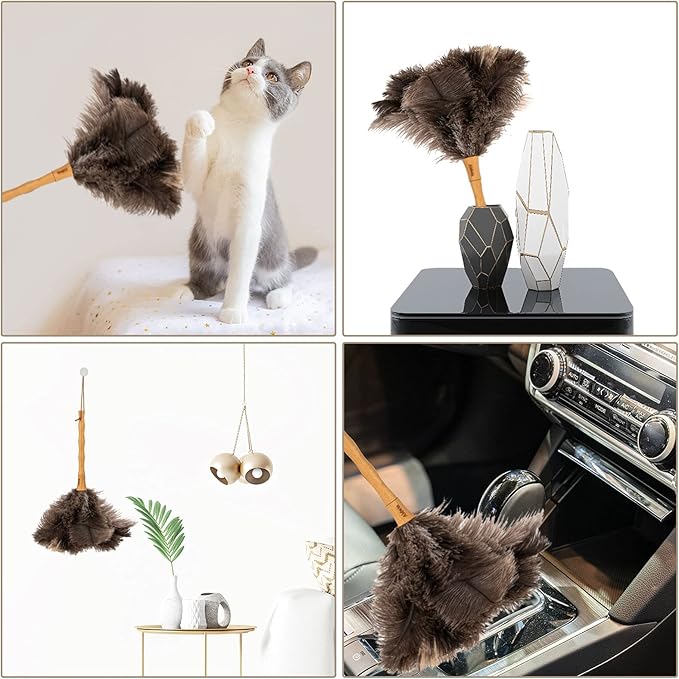 Aldwin Ostrich Feather Duster, 16 inch Ostrich Feather Duster with Wood Handle Reusable, Fluffy Natural Genuine Handheld Feather Duster for Cleaning Supplies, Home, Car, Office