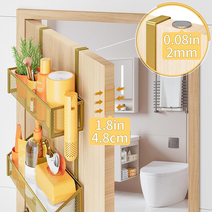 Kaiferty Over The Door Hooks Organizer, Coat Rack Over The Door Storage Hanger Towel Rack, Back of Door Storage Organizer for Bathroom,Bedroom,Kitchen,Office (Gold, 3-Tier)