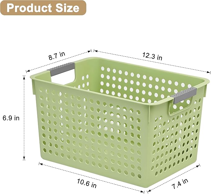 Soddeph 4 Pack Plastic Deep Storage Basket with Handles, Cubbies Organizer Bins with Hollow Design for Under Counter, Closet, Kitchen or Bathroom 12.3" × 8.7" × 6.9"(Green, Medium)