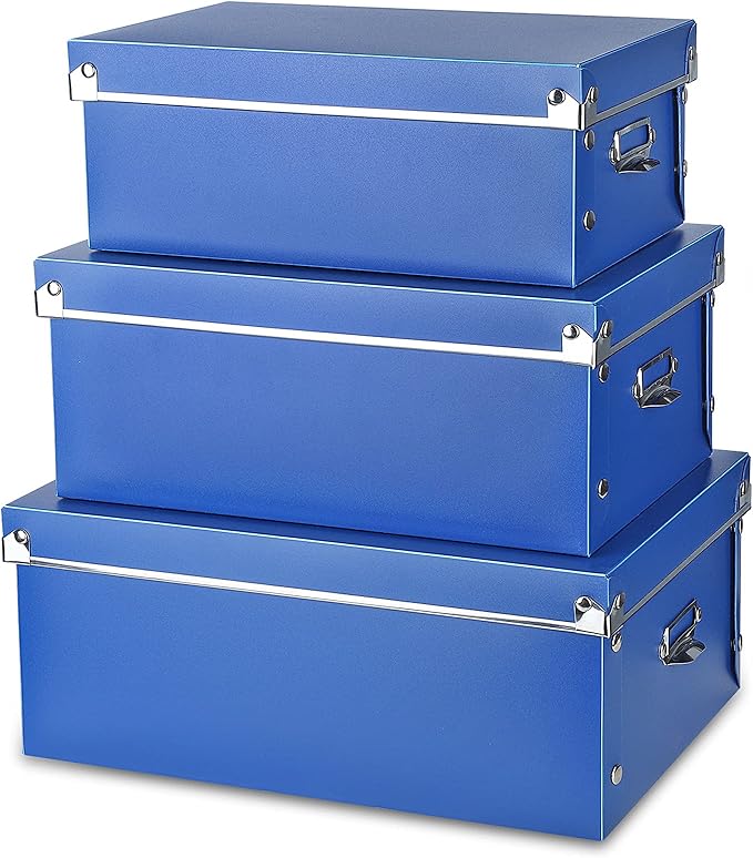 SEEKIND photo boxes storage, storage boxes with lids and Handles, 3 in 1 Set, Multiple Size(Small/Medium/Large) Plastic Box for Photos, Document, Cosmetic, Socks, Snacks, Etc(Blue)
