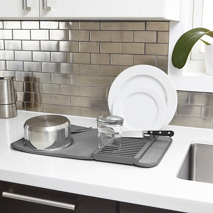 Umbra UDRY Rack and Microfiber Dish Drying Mat-Space-Saving Lightweight Design Folds Up for Easy Storage, Mini, Charcoal