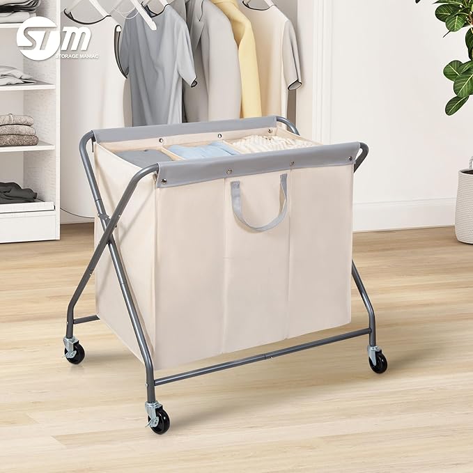 STORAGE MANIAC 160L Collapsible Laundry Hamper with Wheels, Rolling Laundry Basket, Heavy Duty Cloth Sorter with Removable Bag, Folding X Frame Clothes Organizer Cart for Easy to Store, 3 Section