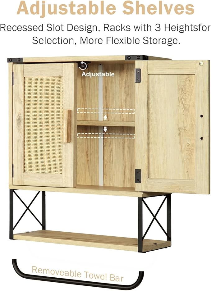 RUSTOWN Farmhouse Medicine Cabinet with 2 Barn Door, Boho Wood Wall Mounted Storage Cabinet with Adjustable Shelf and Towel Bar, 3-Tier Bathroom Cabinet for Bathroom(Rattan,Medium)