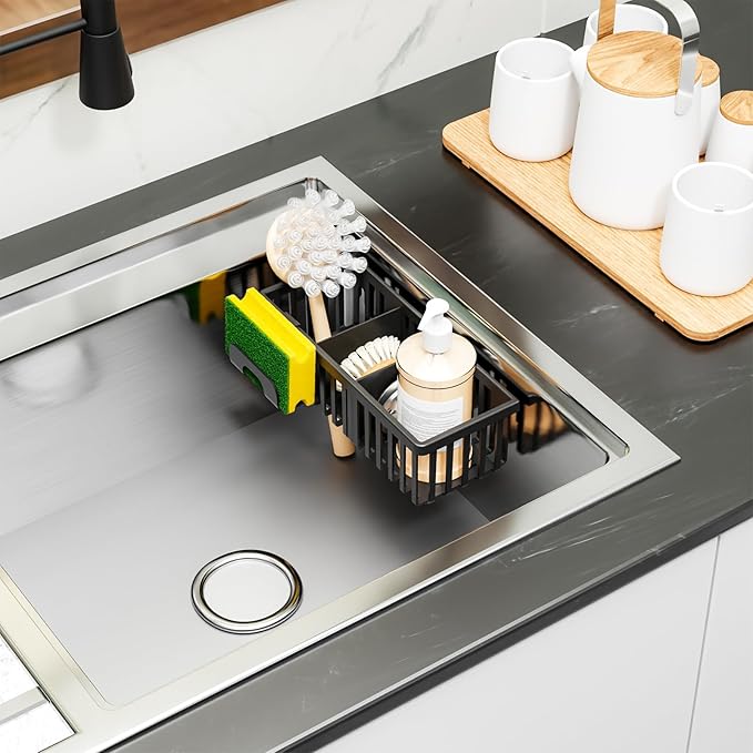 Yieach Black In Sink Sponge Holder for Kitchen Sink Organizer,3-In-1 In Sink Caddy with Suction Cups,Plastic Scrub Brush and Sink Ccrub Holder,New Home Must Haves Sponge Caddy,Dish Soap Rack,Dispenser