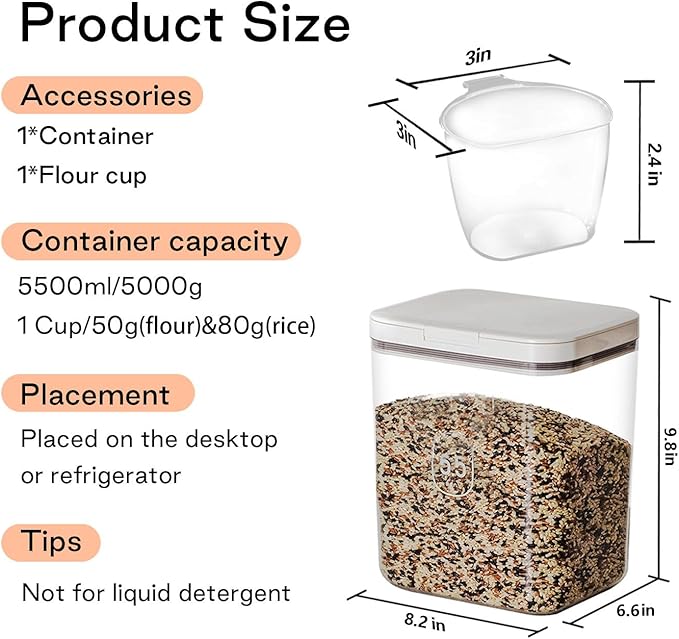 LivLab Flour Container - 5.5 L /5.81qt/5kg Large Flour Dispenser Keep Your Flour Fresh and Dry Easily with Kitchen Essential
