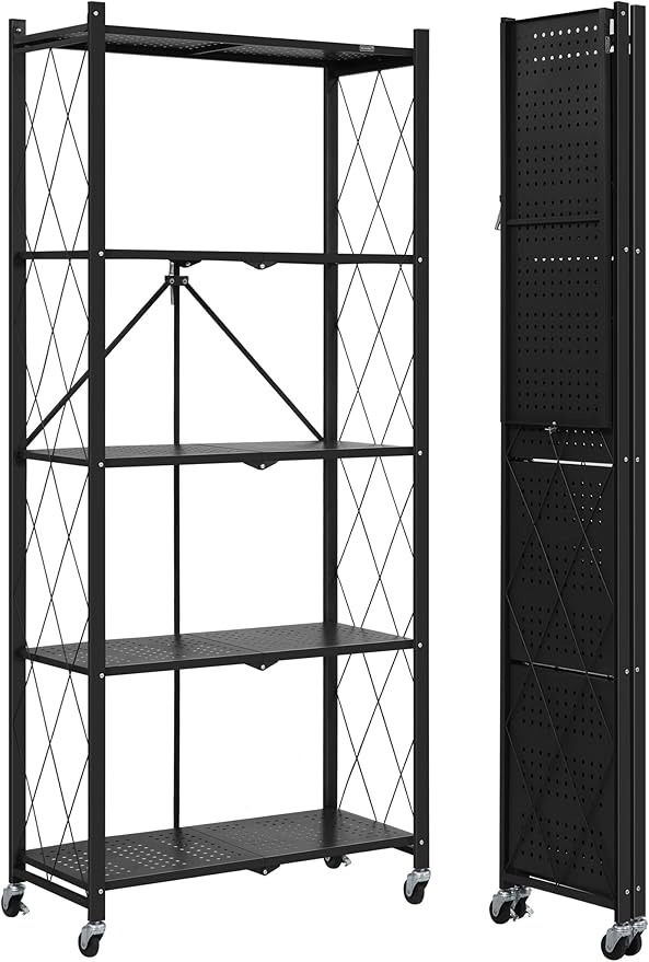 ALANNG 5 Tier Storage Shelves on Wheels, No Assembly Metal Folding Shelf Heavy Duty, Black | Colorful | Rolling | Collapsible | Rack Unit | for Living Room Office | 13.4" D x 28" W x 64.6" H