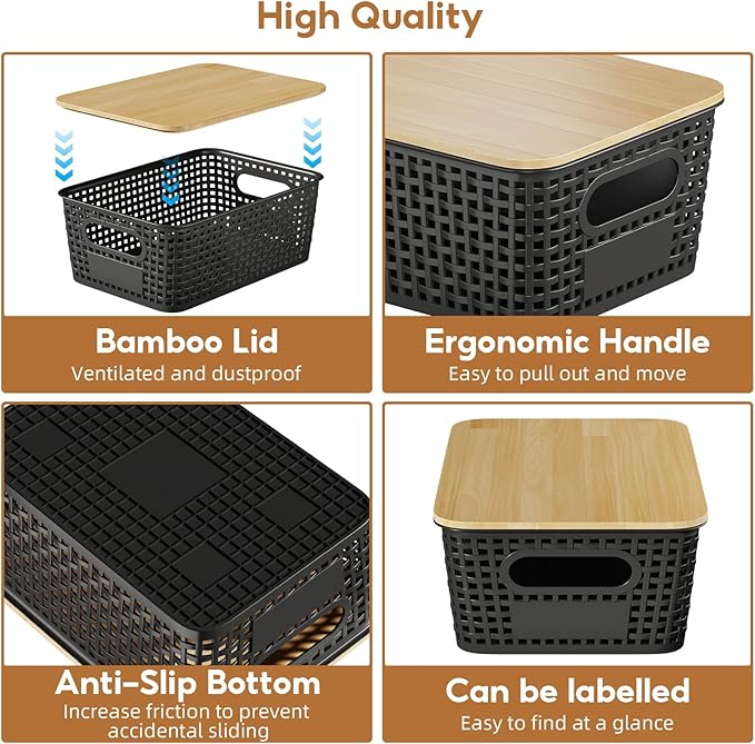 8 PCS Plastic Storage Bins with Bamboo Lid, Stackable Storage Baskets with Lids & Labels for Organizing, Storage Bins for shelves, Office, Drawer, Cabinet & Pantry,Nursery Organization,10.2*7.2*4.1In