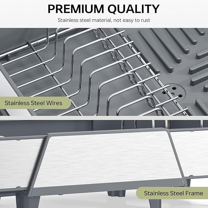 Large Dish Drying Rack - Triple Expandable Dish Rack for Kitchen Counter, Stainless Steel Sink Organization and Storage Essentials with Utensil & Pans Holder for Home and Appartment, Gray