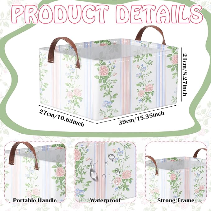Boao 3 Pcs Blue Hydrangea Storage Bin Fresh Style Floral Collapsible Large Storage Baskets for Gifts Canvas Laundry Basket Foldable Box with Handle for Office Home Bedroom Clothes