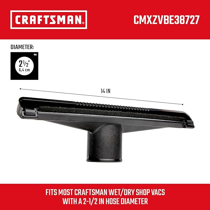 CRAFTSMAN CMXZVBE38727 2-1/2 in. Dry Nozzle Wet Dry Vac Attachment, Industrial-Grade 14 inch Wide Shop Vacuum Accessory for Hard Surface Cleaning, Fits 2-1/2 in. Hose Diameter