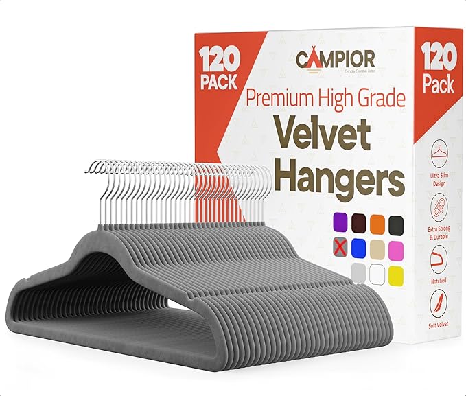 Gray Velvet Hangers 120 Pack – 360° Swivel Hook, Non-Slip and Space Saving Hangers, Heavy-Duty 11 lbs Weight Capacity - Smooth Velvet Finish for Crease-Free Clothes and Effortless Closet Organization