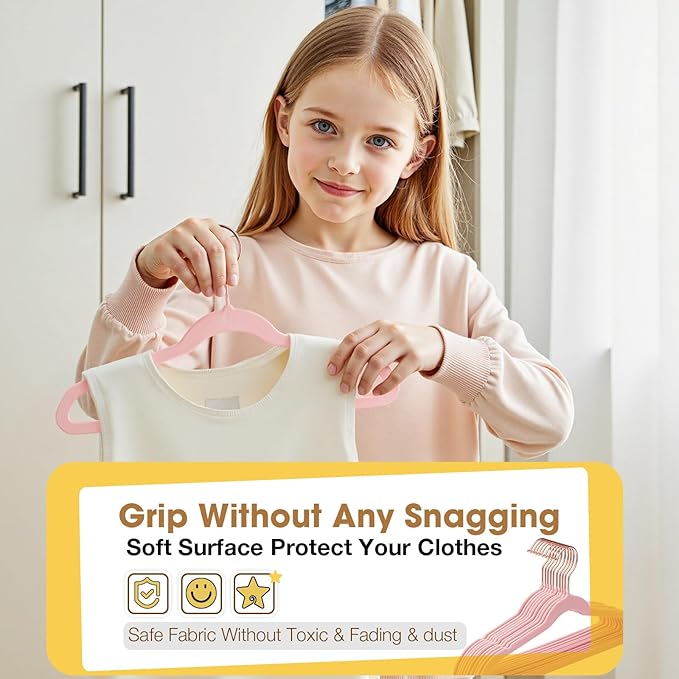 Toddler Hangers,50 Pack 11 Inch,Velvet Baby Hangers Slim & Space-Saving,Baby Clothes Hangers with 360 Swivel Hook,Heavy Duty Felt Hanger for Childrens Coats, Pants,and Dress (Pink)