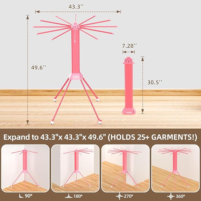fendia Clothes Drying Rack Foldable & Collapsible Drying Racks with 4-Leg Octopus Design, Large Capacity Space Saving Indoor Drying Rack for Bedroom,Balcony,Laundry for Indoor/Outdoor Use（Pink）
