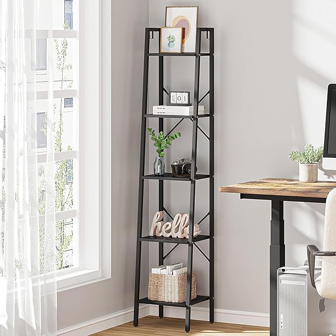 Ladder Shelf, Bookshelf Bookcase, Freestanding Corner Storage Shelve with 2 Hooks for Home Office, Living Room, Kitchen, Bedroom, Industrial, 11.8" D x 13.4" W x 63" H, Black BC03204B