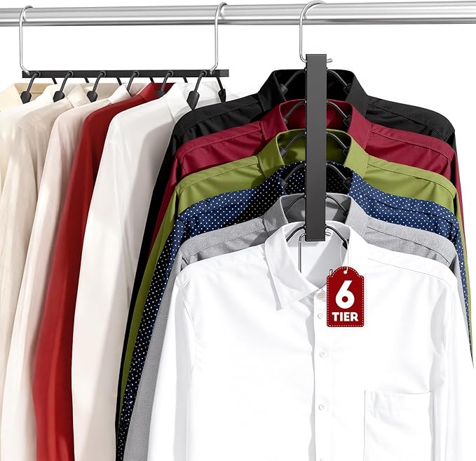 HUITEM Clothes Hangers Space Saving 6 Tier Coat Hangers, Swing Arm Non Slip Padded Multi Sweater & T Shirt Hangers, 3 Packs Heavy Duty Stainless Steel Sweater Closet Organizers and Storage