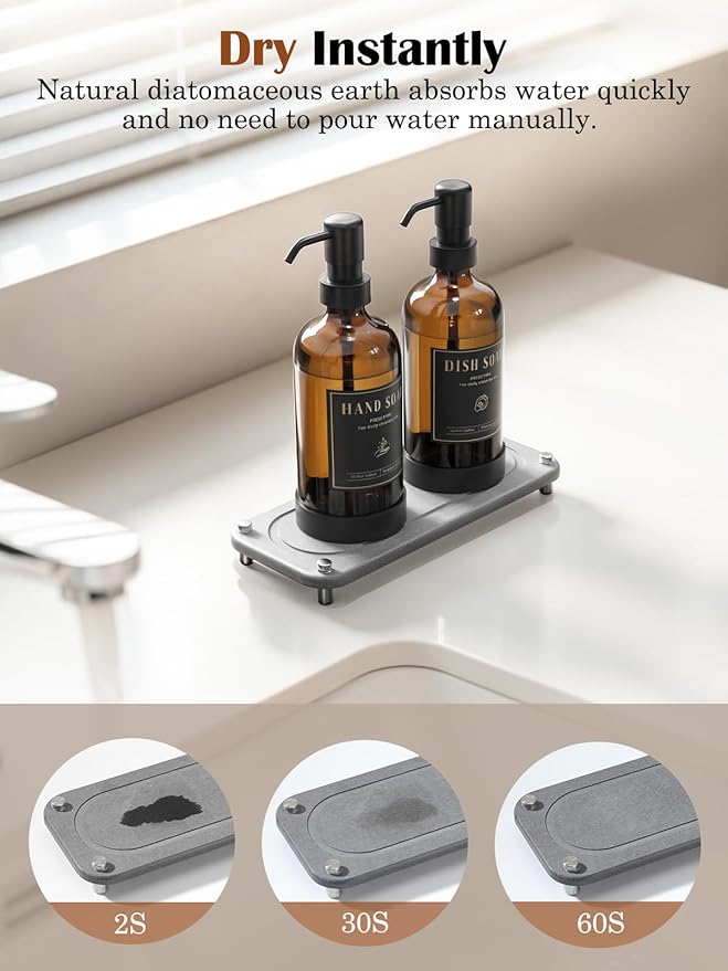 Luxspire Soap Dispenser Set, Hand Soap Dispensers with Fast Drying Tray, 17 oz Glass Refillable Liquid Bottle for Bathroom & Kitchen, Kitchen, 2 Pack, Brown + Dark Gray